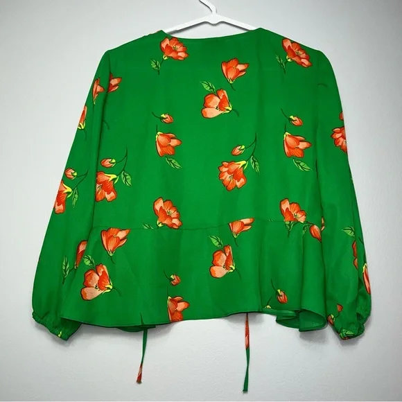 &Topshop green with orange flowers floral top blouse shirt with tie front new 4 - Picture 7 of 10